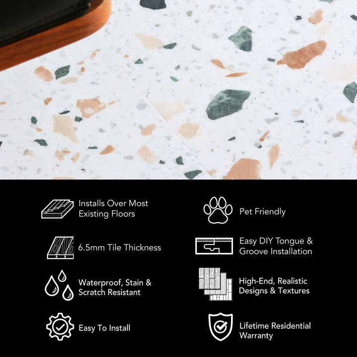 Allure Terrazzo Vinyl tile sweet peach infographic