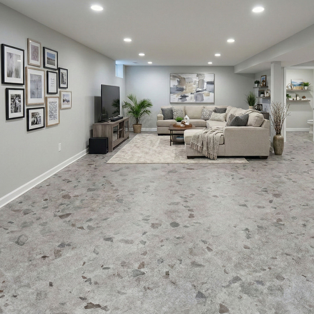 Allure Galaway Grey terrazzo LVT with cork backing in a modern basement with neutral furniture