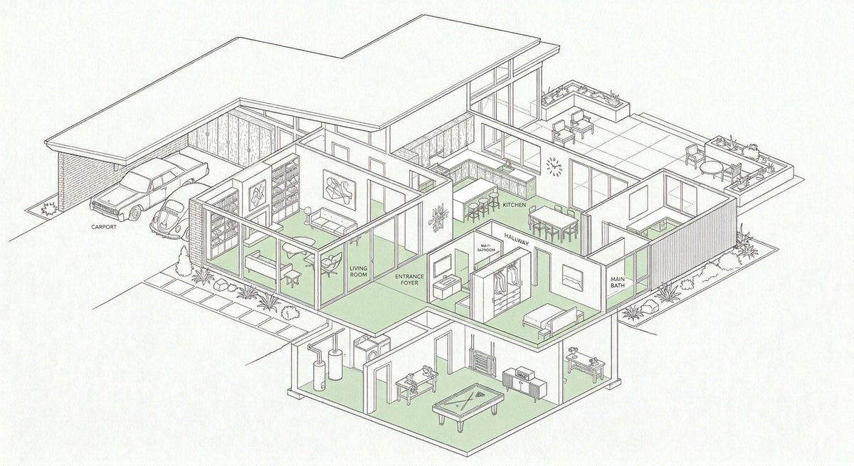 Isometric floor plan of a mid-century modern house with green highlights on a white background