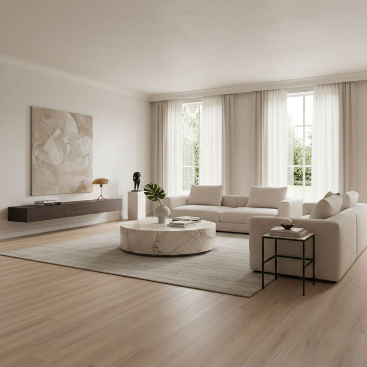 Allure Green Tea Tulip flooring in a modern living room with beige couches and jute area rug