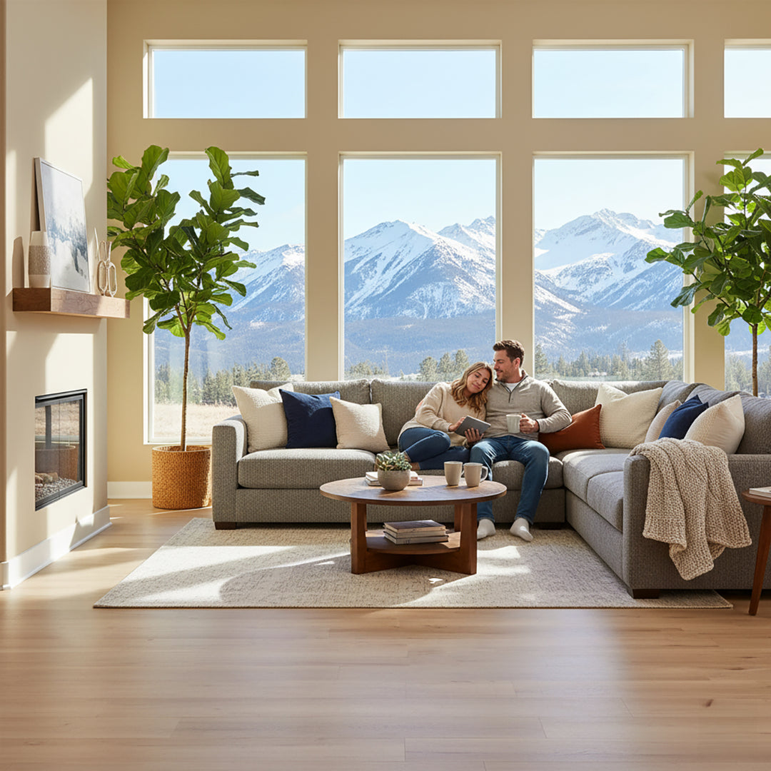 Couple in living room with beautiful mountain view, large couch, fireplace and Allure vinyl flooring