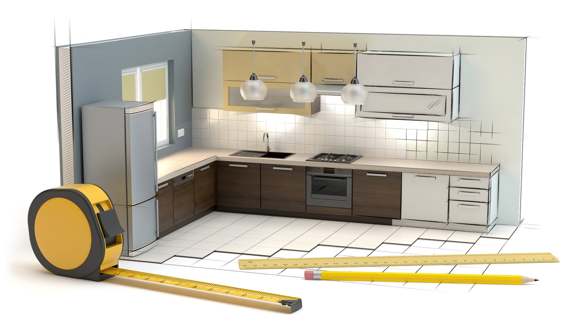 Kitchen project image diagram with measuring tape, pencil and rules