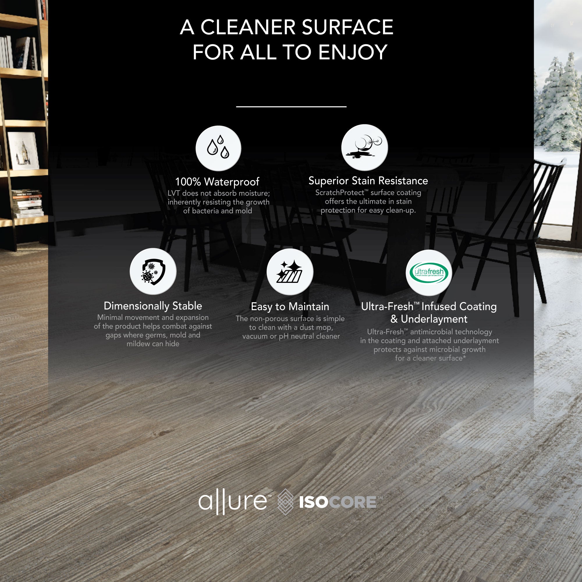 Infographic detailing the certifications and key wellness features of Allure Burnt Butter Walnut ISOCORE vinyl flooring
