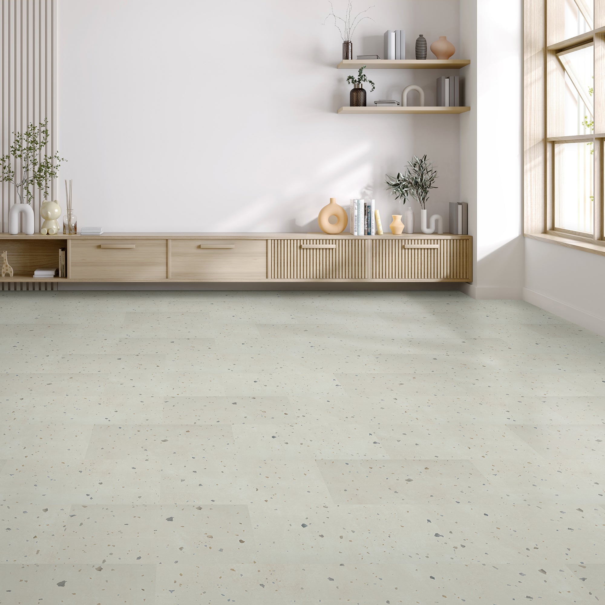 Off white neutral terrazzo vinyl tile in minimalist room