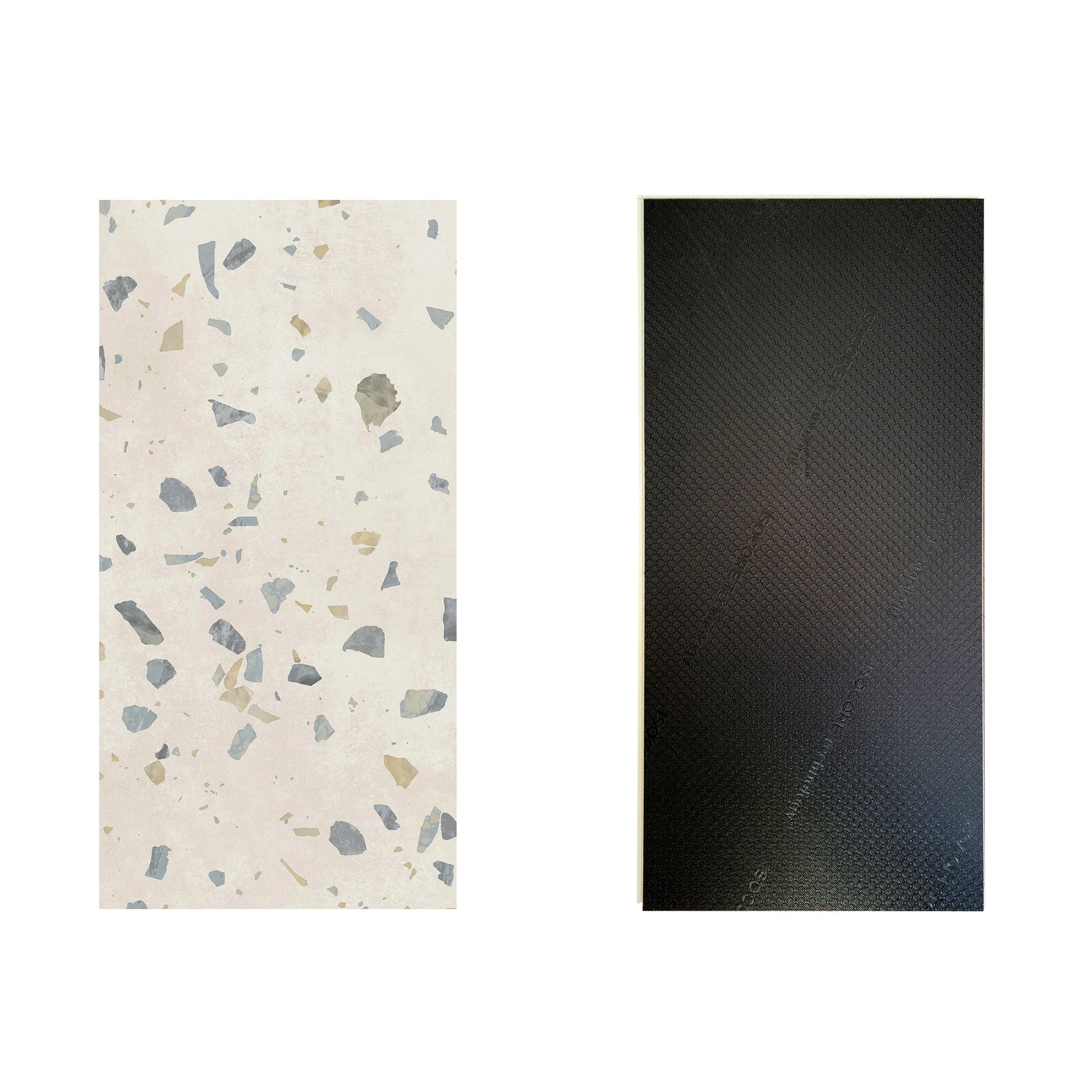 The front and back view of 12mil Ultima Parfait Terrazzo tiles on a white background.