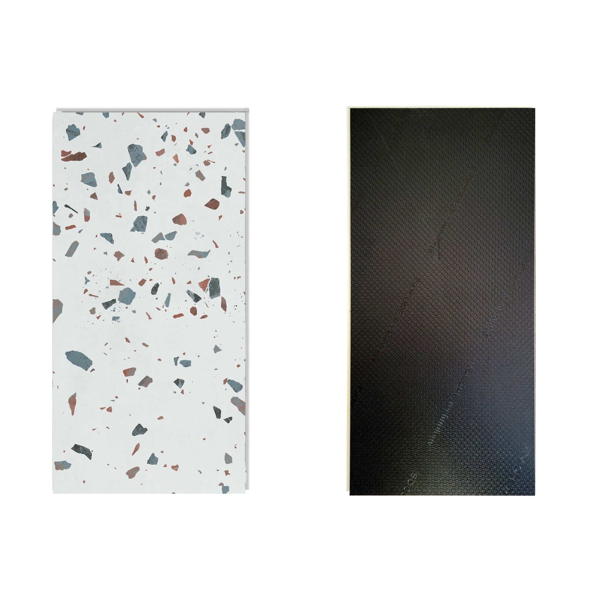 Ultima Earl Gray terrazzo front and back view with foam pad against a white background