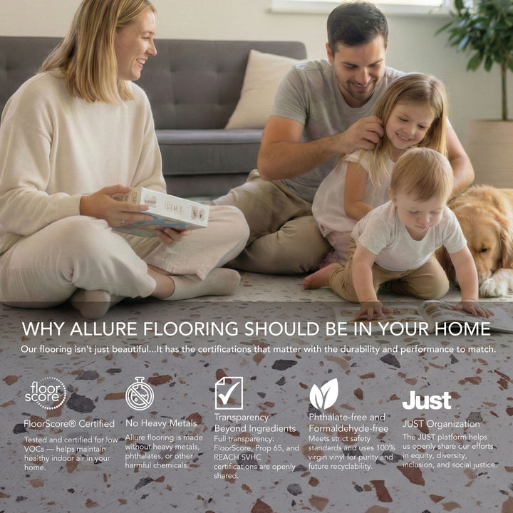 Allure Ultima Blush terrazzo LVT infographic with certifications and safety info