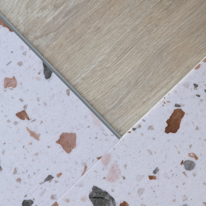 Allure Ultima Blush terrazzo flooring with click lock edge and microbevel close up