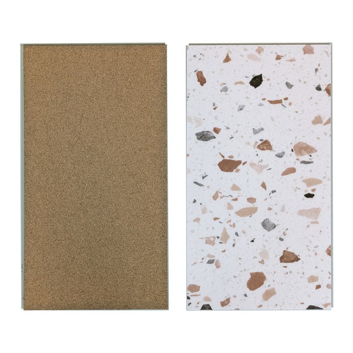 Allure Ultima Blush terrazzo vinyl tiles viewed front and back showing pre-attached cork backing.