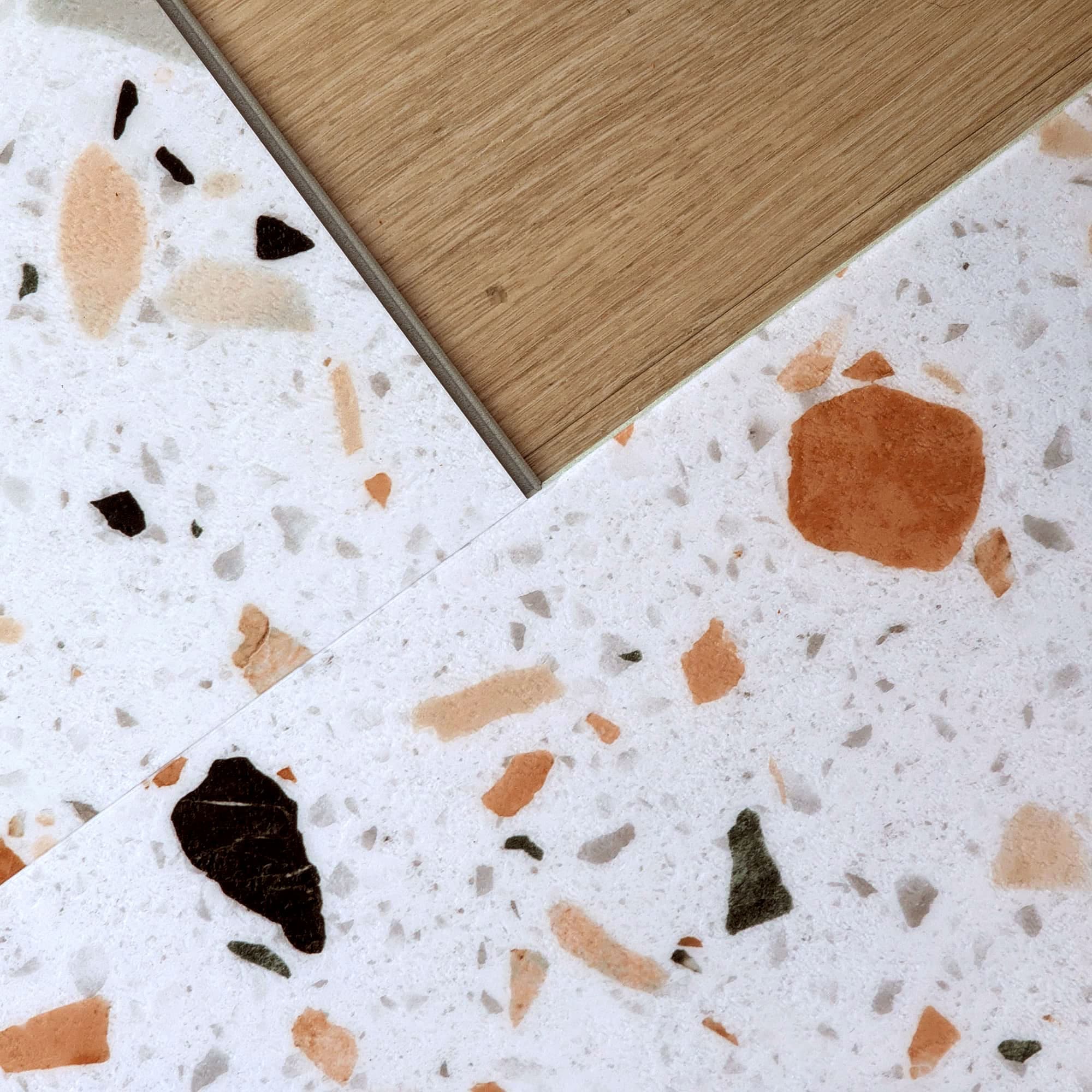 Allure Ultima Sweet Peach Terrazzo vinyl tiles with locking edge