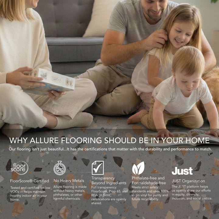 Allure Ultima Peach Pebble Terrazzo Flooring Infographic with safety and sustainability certifications