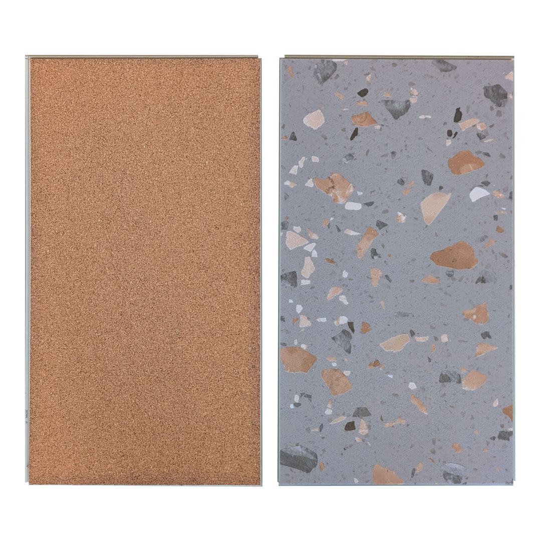 Allure Ultima Peach Pebble terrazzo vinyl tile flooring view of front and back on white background