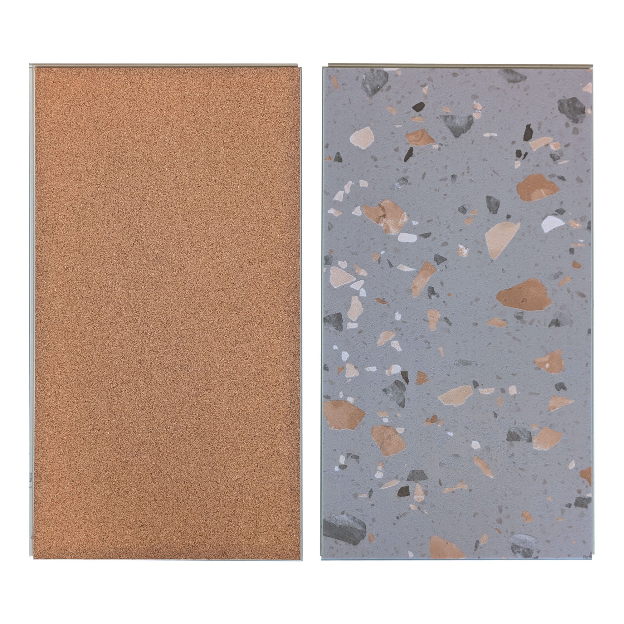 Allure Ultima Peach Pebble terrazzo vinyl tile flooring view of front and back on white background