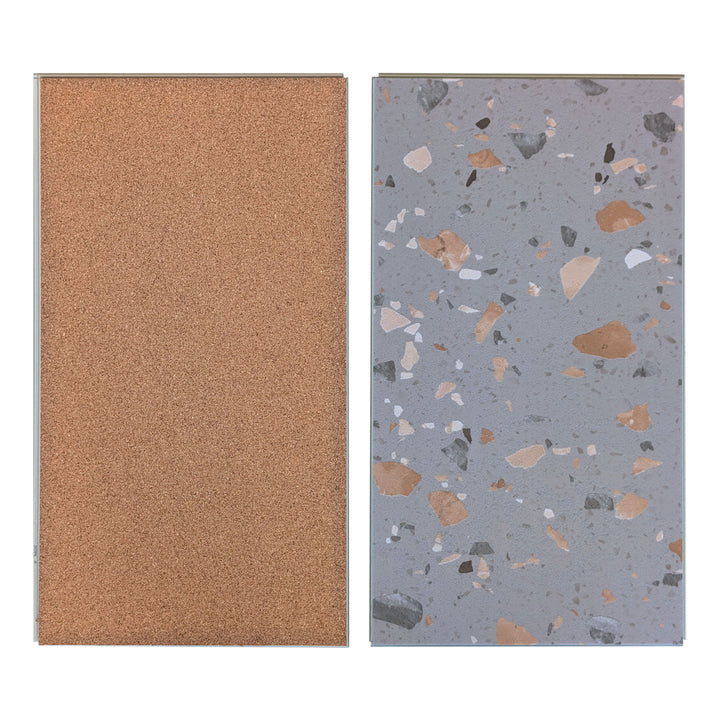Allure Ultima Peach Pebble terrazzo vinyl tile flooring view of front and back on white background