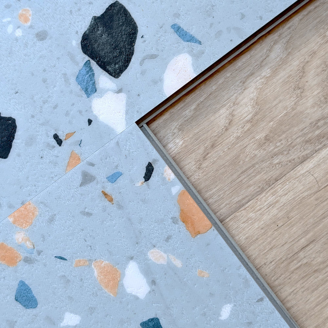Close up of two connected click lock terrazzo vinyl tiles by Allure