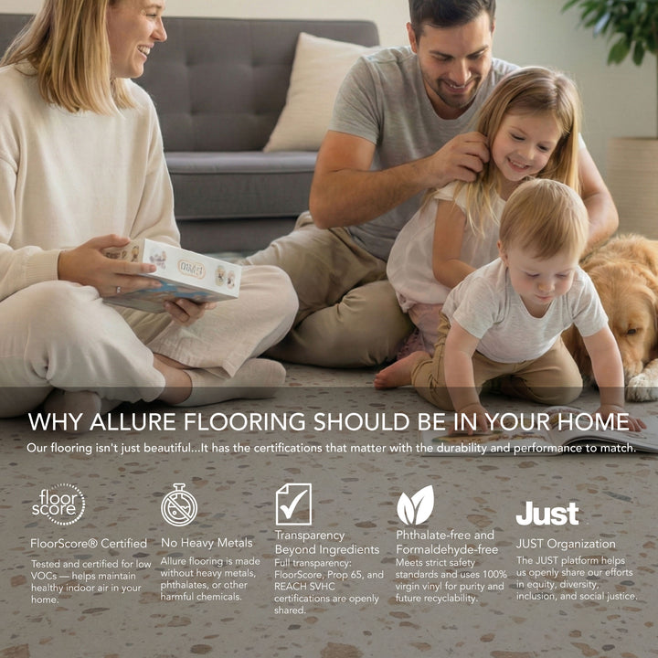 Allure Colada Concrete terrazzo LVT infographic with sustainability and safety information