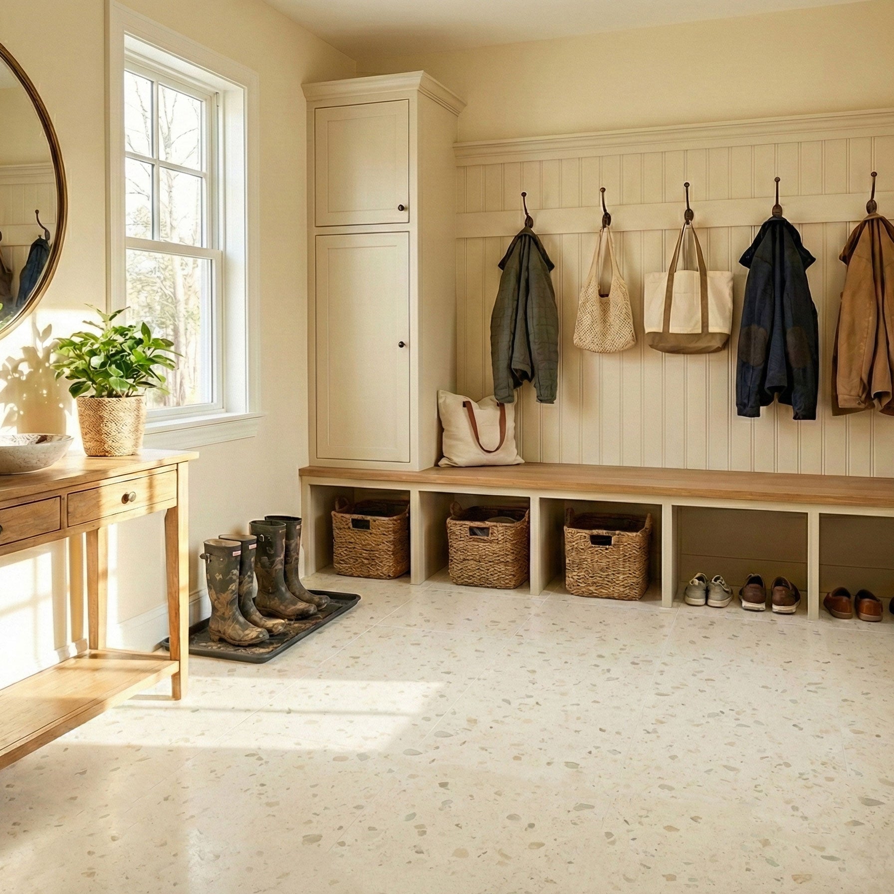 Contemporary mud room with Allure terrazzo flooring Colada Concrete