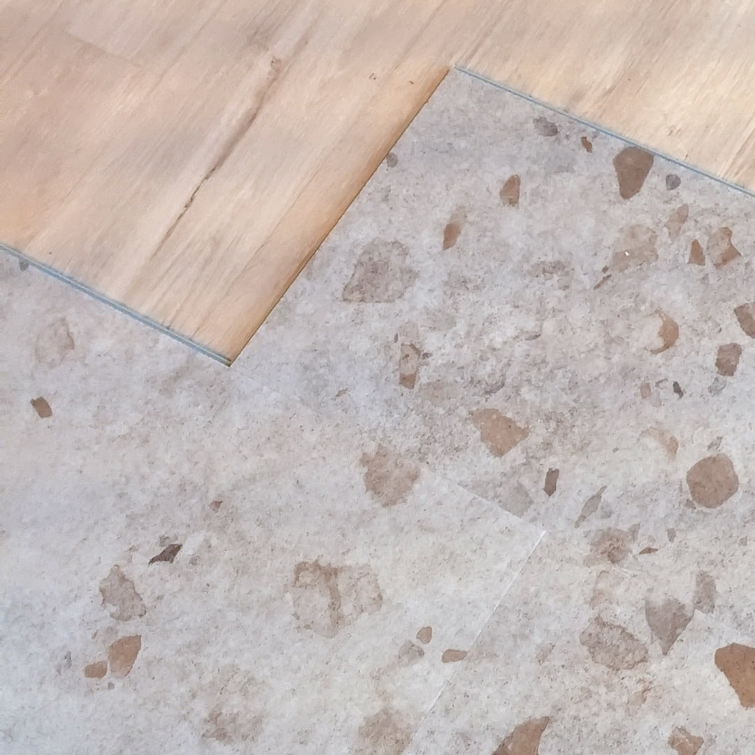 Close up of Casava Concrete Terrazzo tiles with locking edges shown