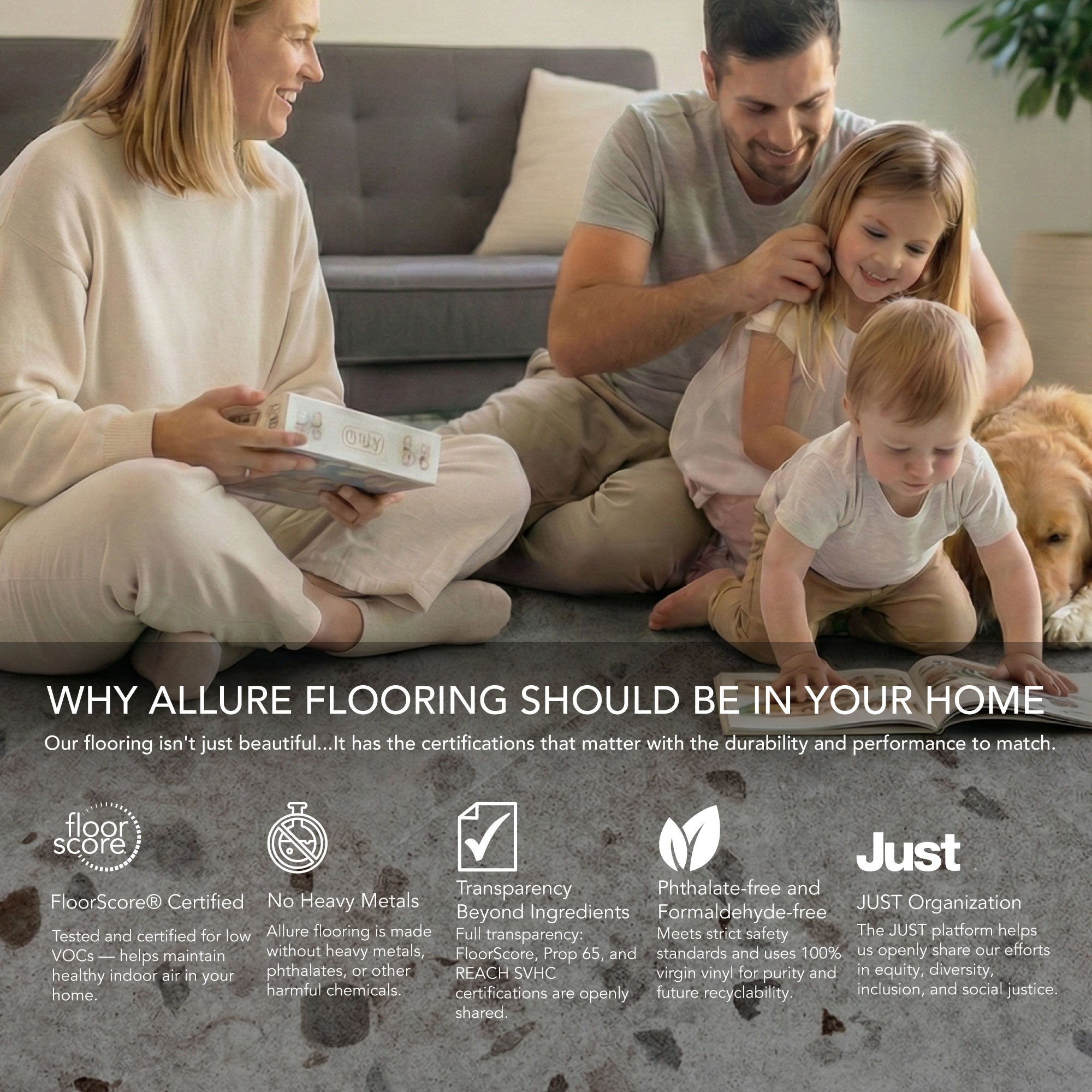 Allure Galaway Grey terrazzo LVT floors infographic with sustainability and safety certifications
