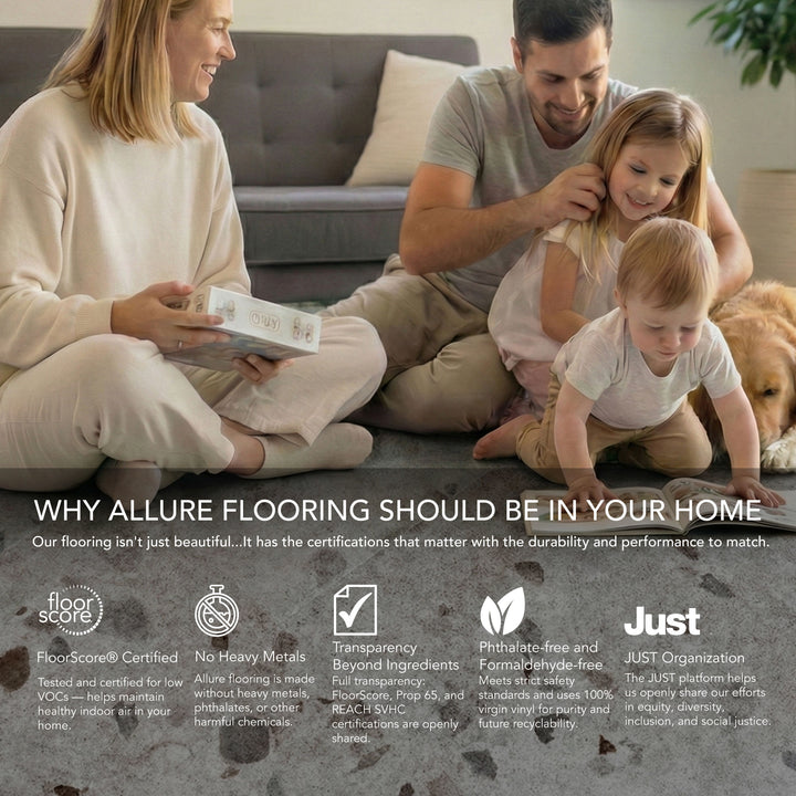 Allure Galaway Grey terrazzo LVT floors infographic with sustainability and safety certifications
