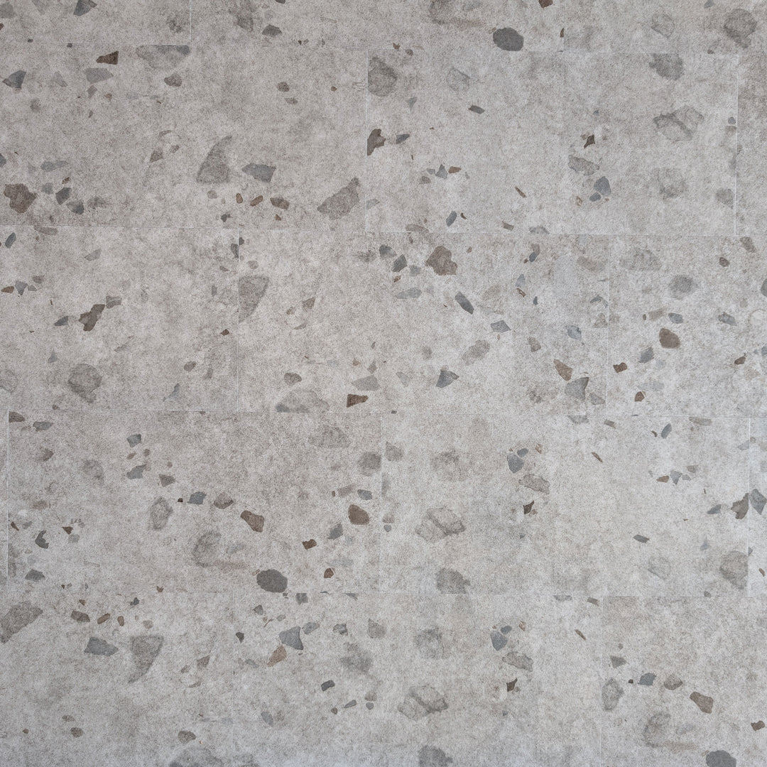Overhead view of Allure Galaway Grey terrazzo vinyl flooring