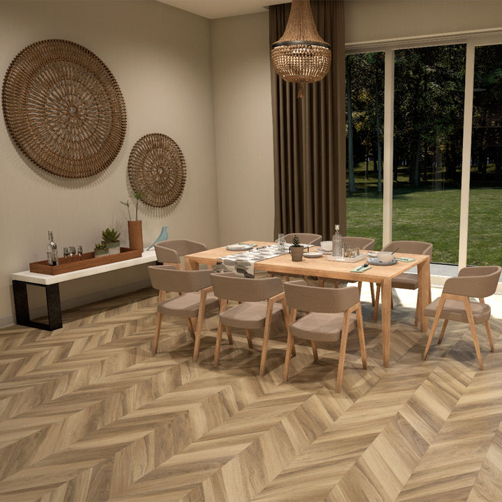 Allure Almond Honey Aspen Chevron ISOCORE vinyl flooring installed in a room scene rendering