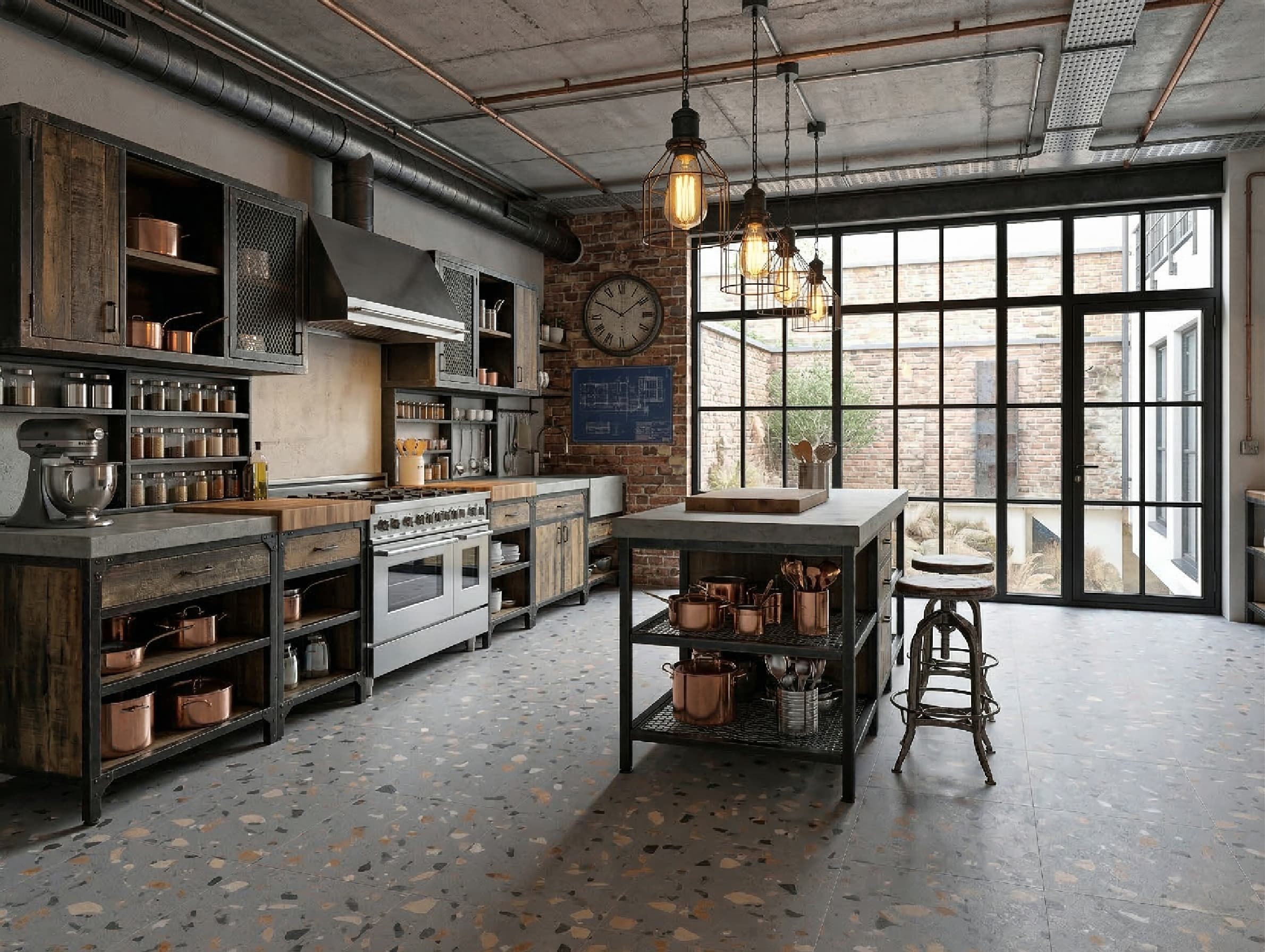 Modern industrial kitchen with large windows and exposed pipes.