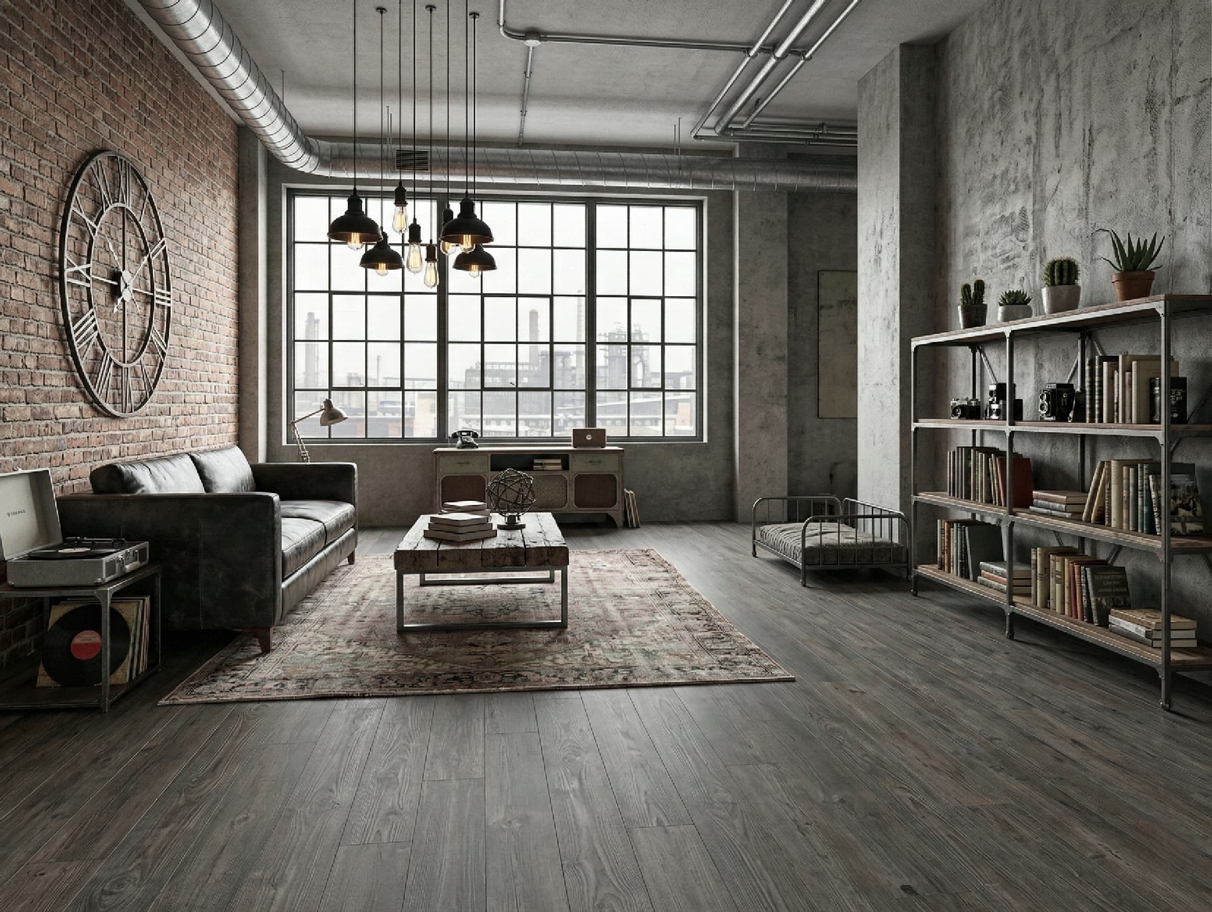 Modern living room with industrial decor, including a brick wall and large window.