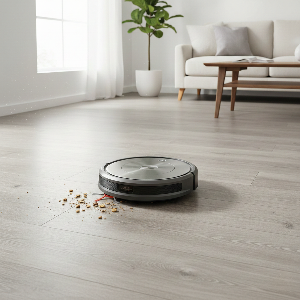 laminate flooring with a roomba cleaning up crumbs
