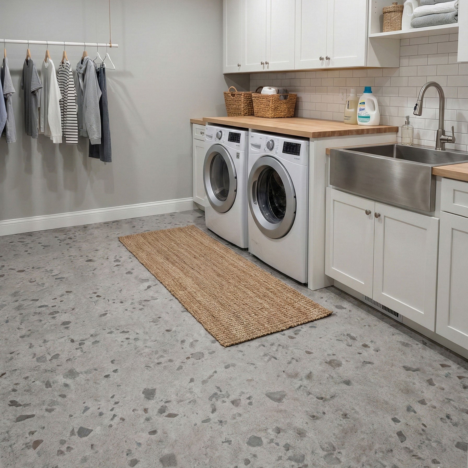 Modern laundry room with washing machines, dryer, kitchen counter and Allure Galaway Grey terrazzo LVT floors