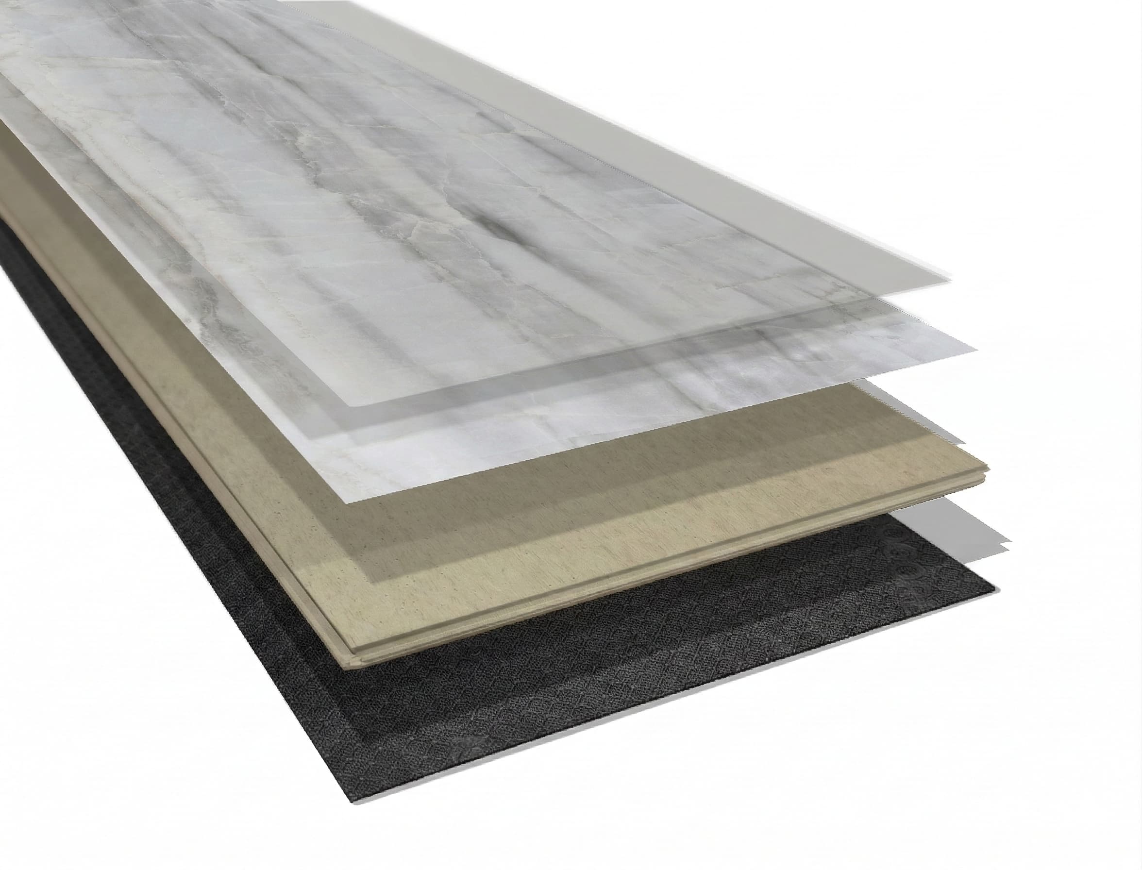 Close-up of a vinyl floor plank with underlayment on a white background