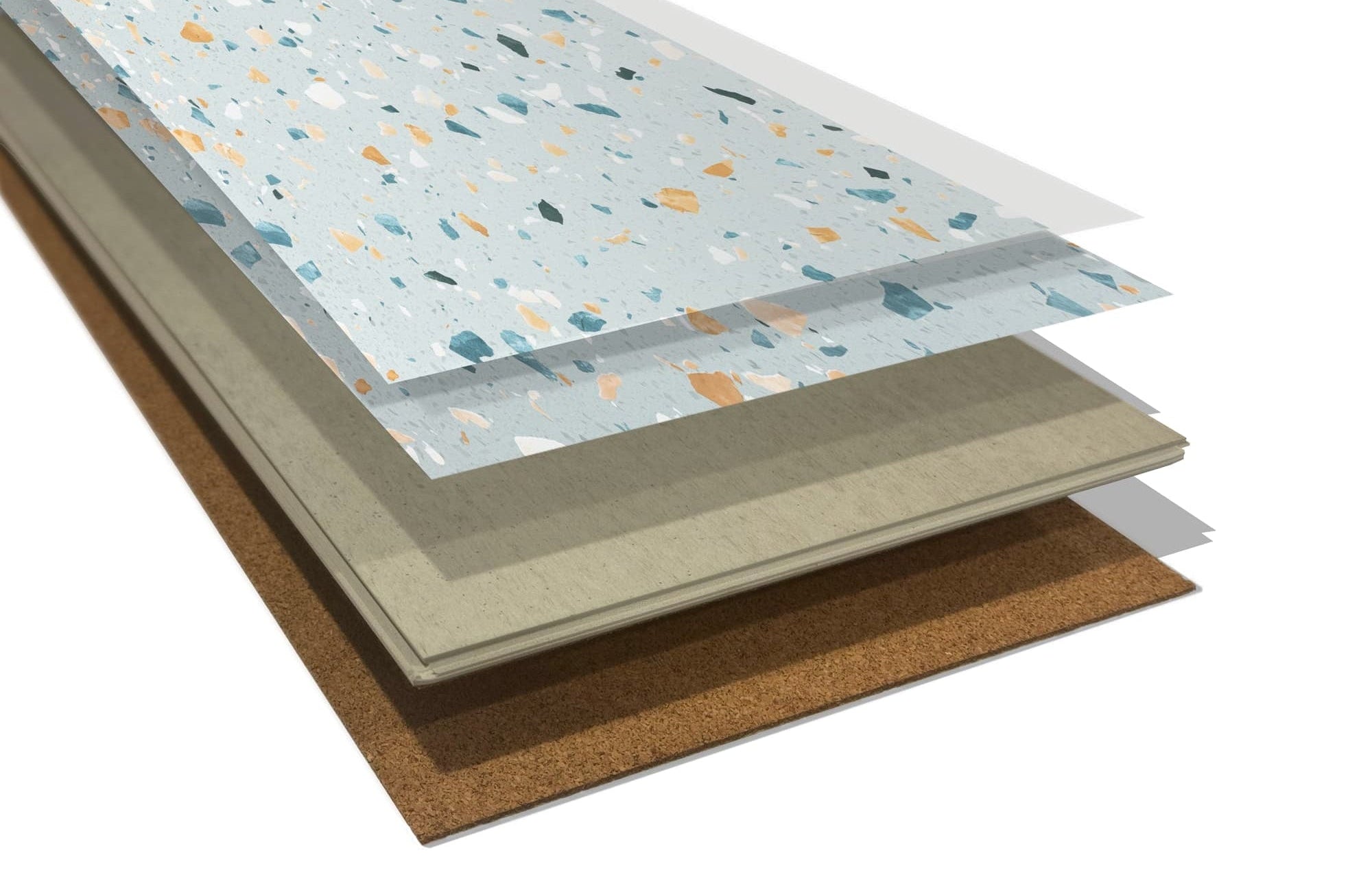 Layers of flooring materials including cork, underlayment, and decorative finish on a white background