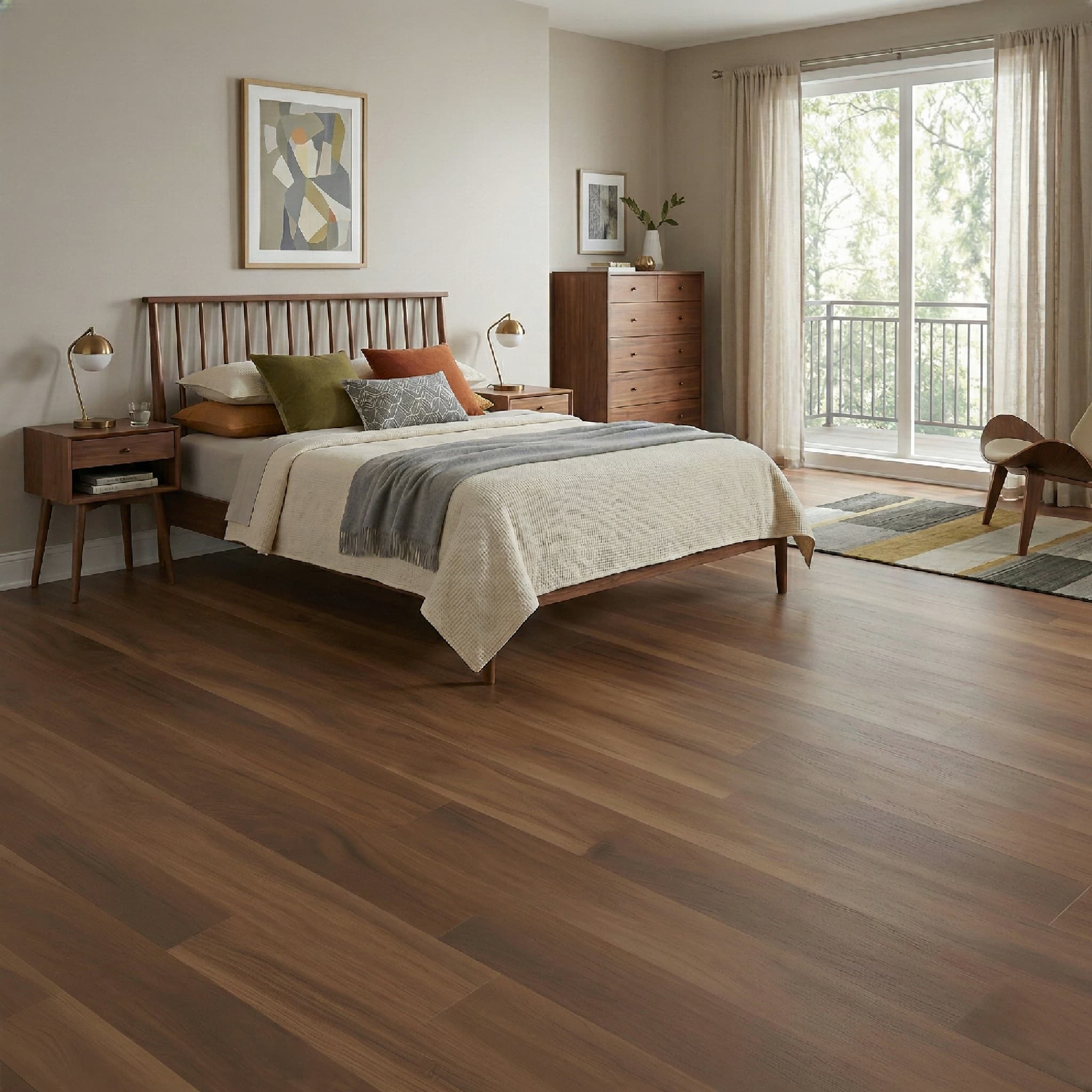 Bedroom with wooden floor, bed, and dresser near a large window.