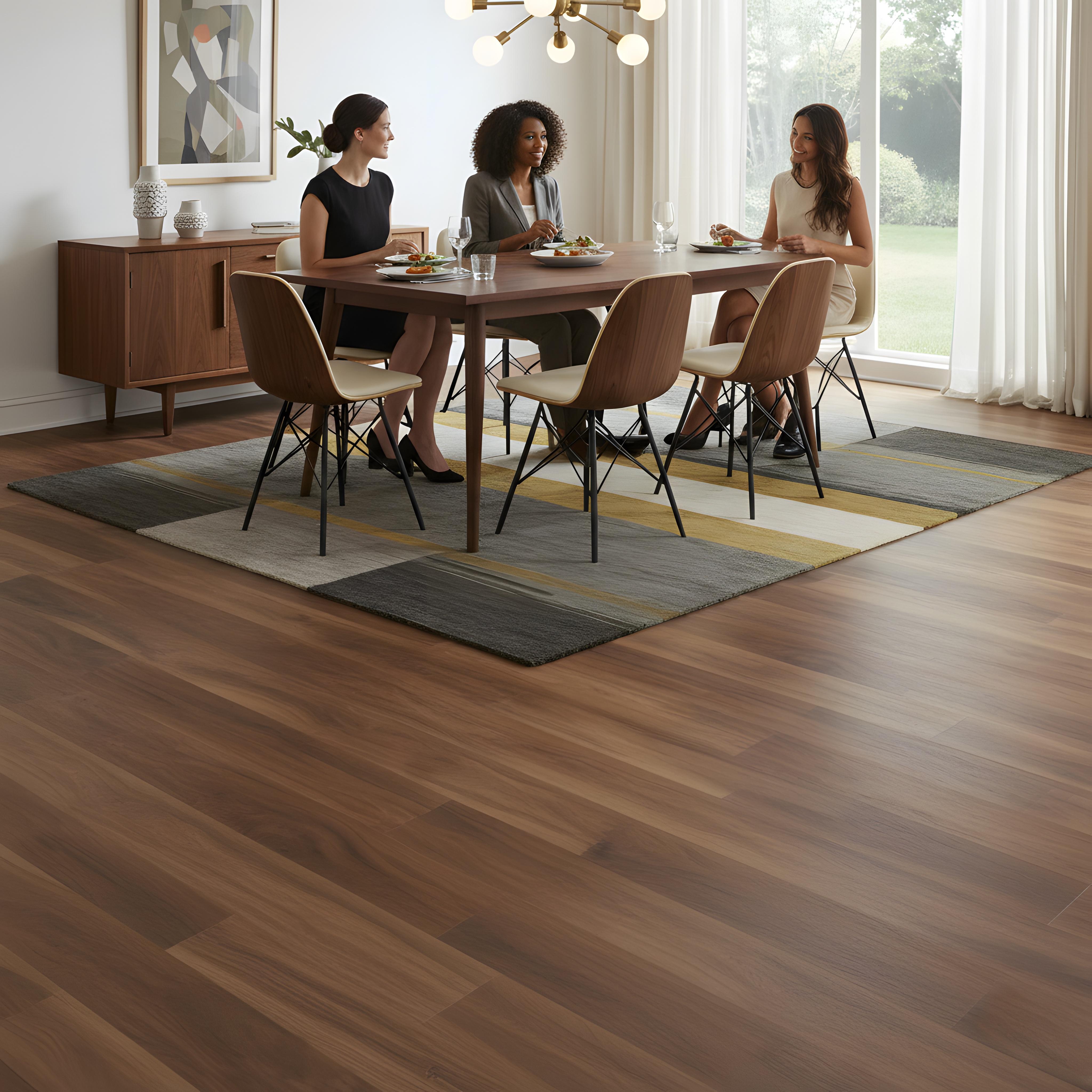 Dining room with Allure Marble cake Mahogany LVP flooring, table, and chairs.
