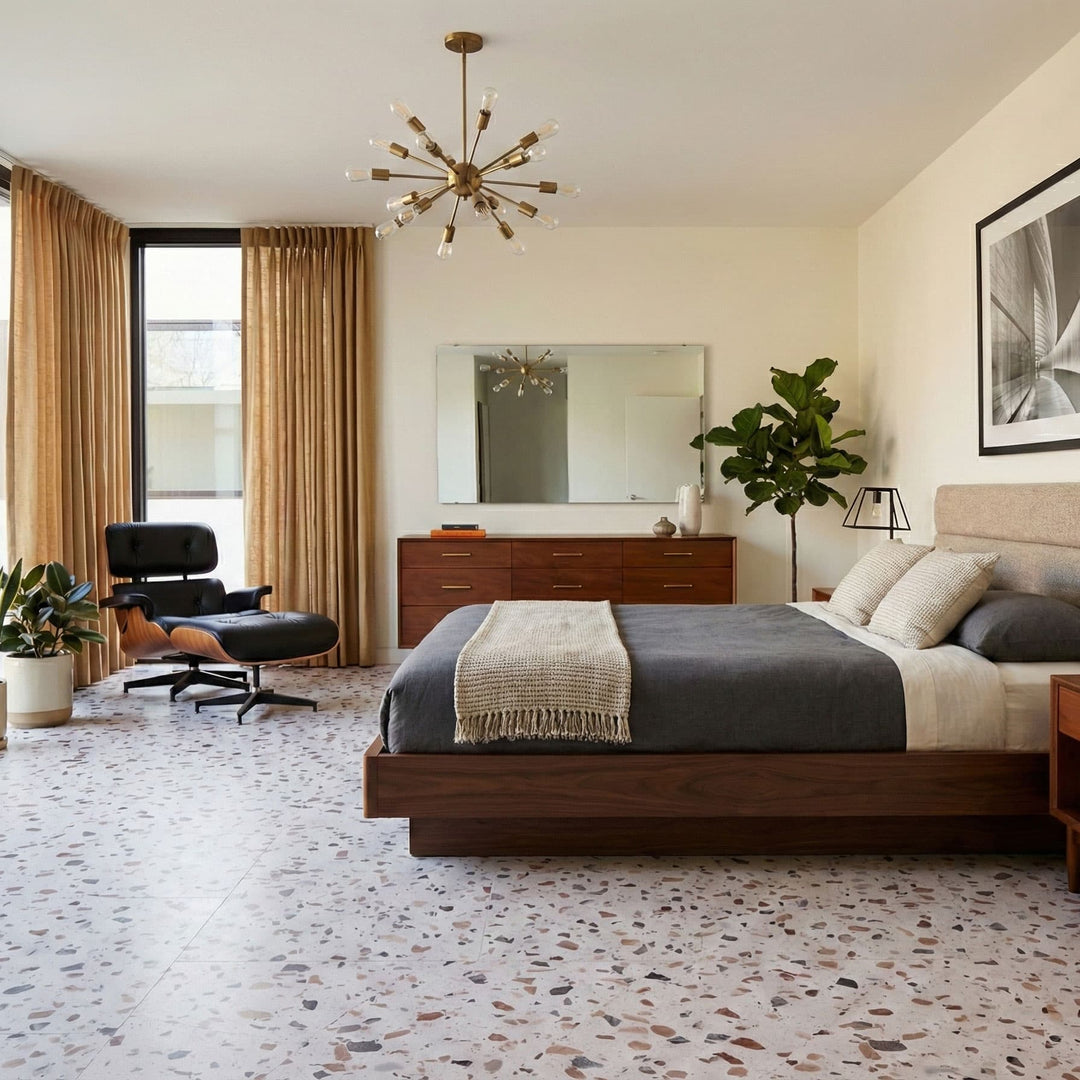 Modern bedroom with a bed, chair, decorative elements, and Allure terrazzo tile flooring.
