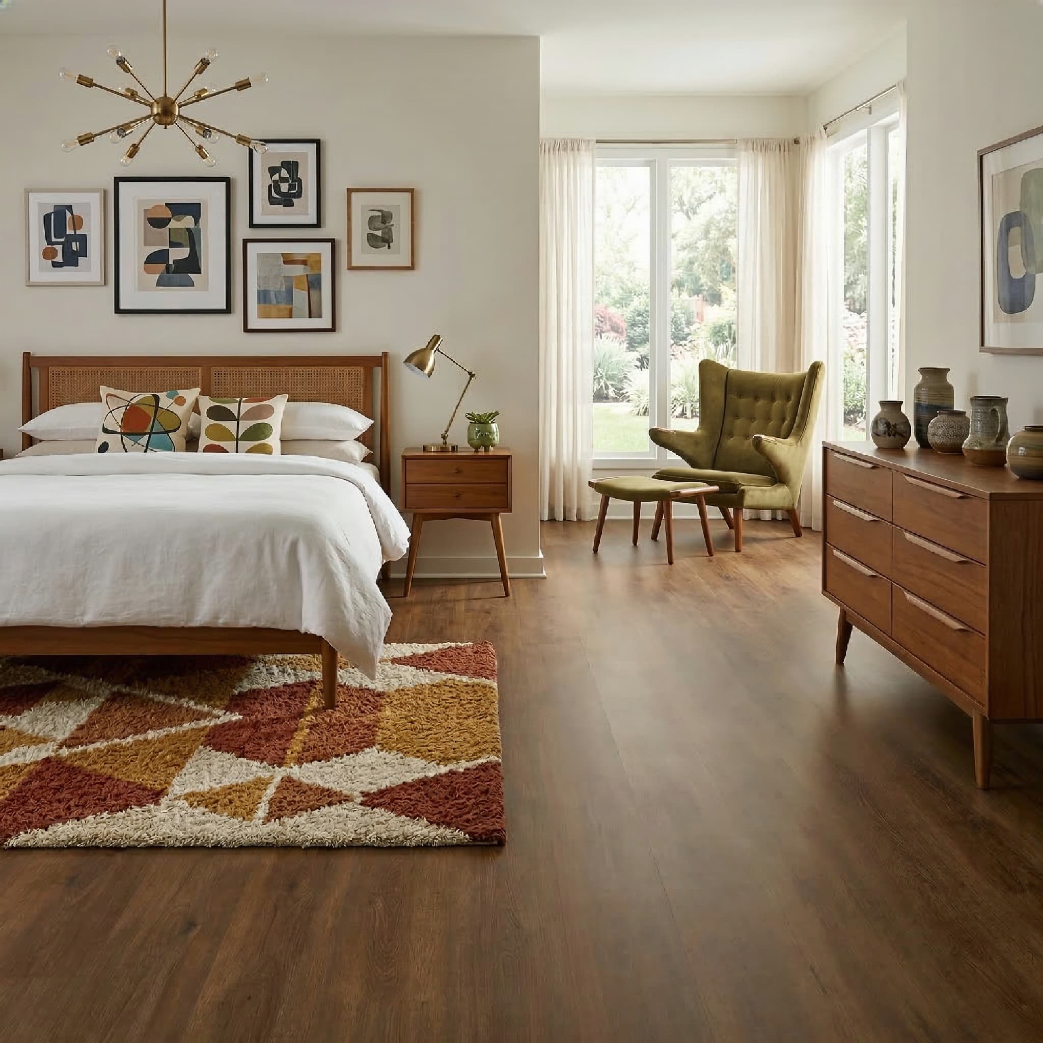Modern bedroom with wooden furniture, artwork on the wall, and a rug.