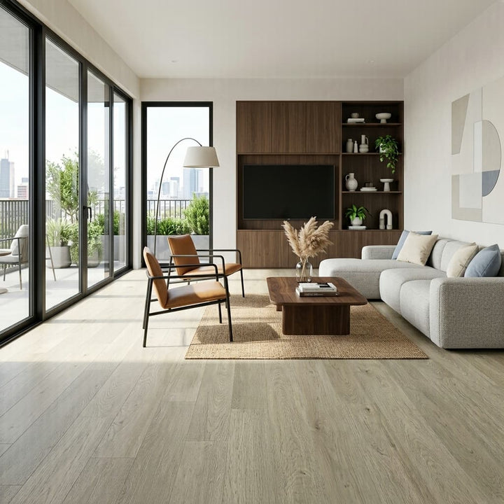 Modern living room with a large window, sofa, coffee table, and decorative items.