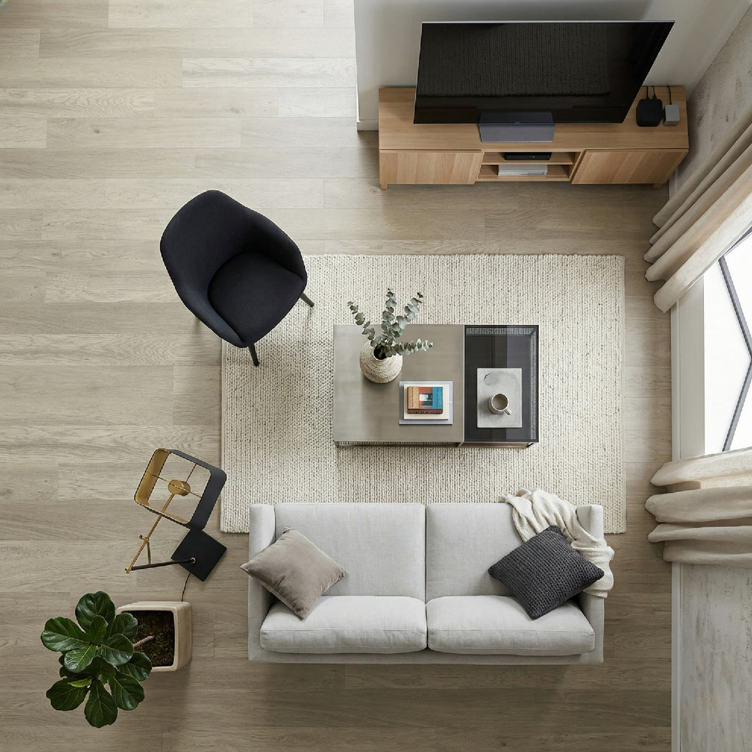Modern living room with a gray sofa, coffee table, and TV stand.