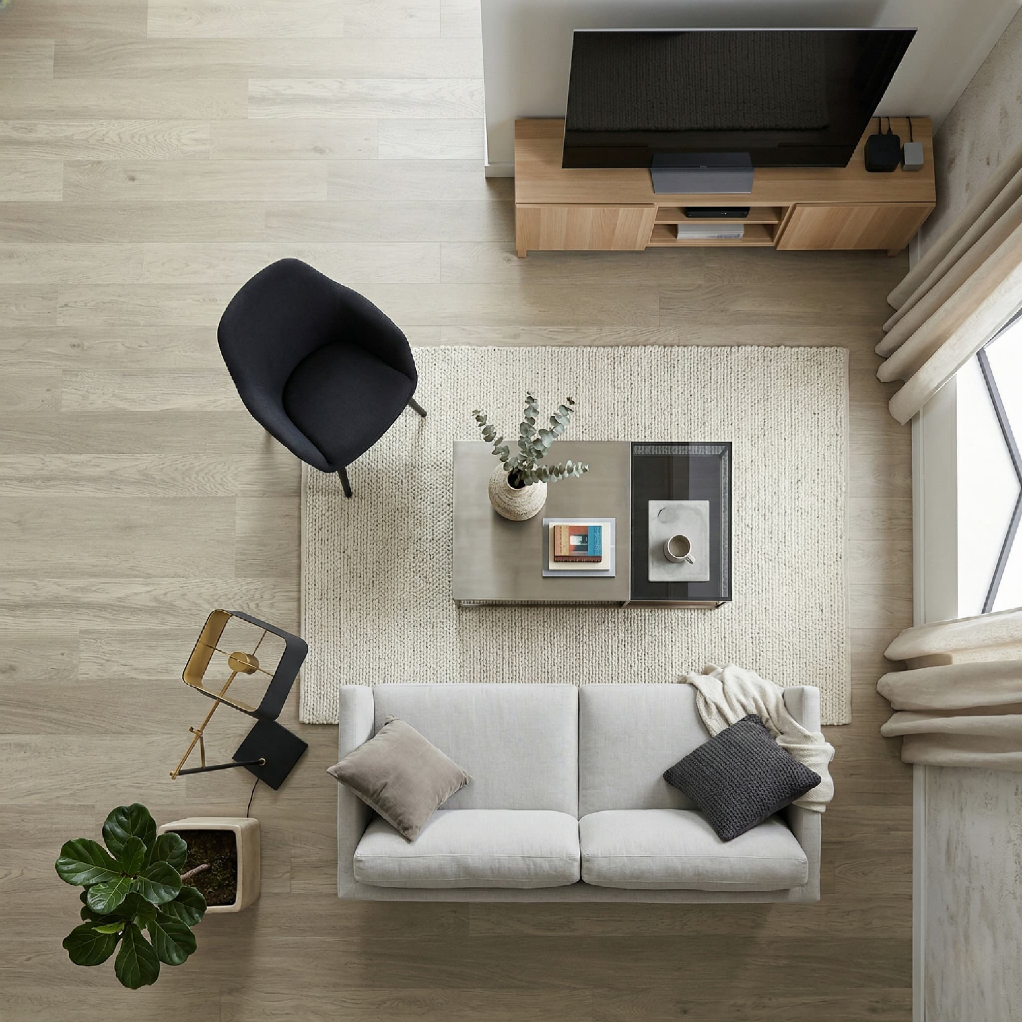 Modern living room with a gray sofa, coffee table, and TV stand.