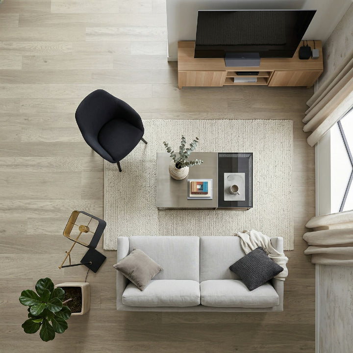 Modern living room with a gray sofa, coffee table, and TV stand.