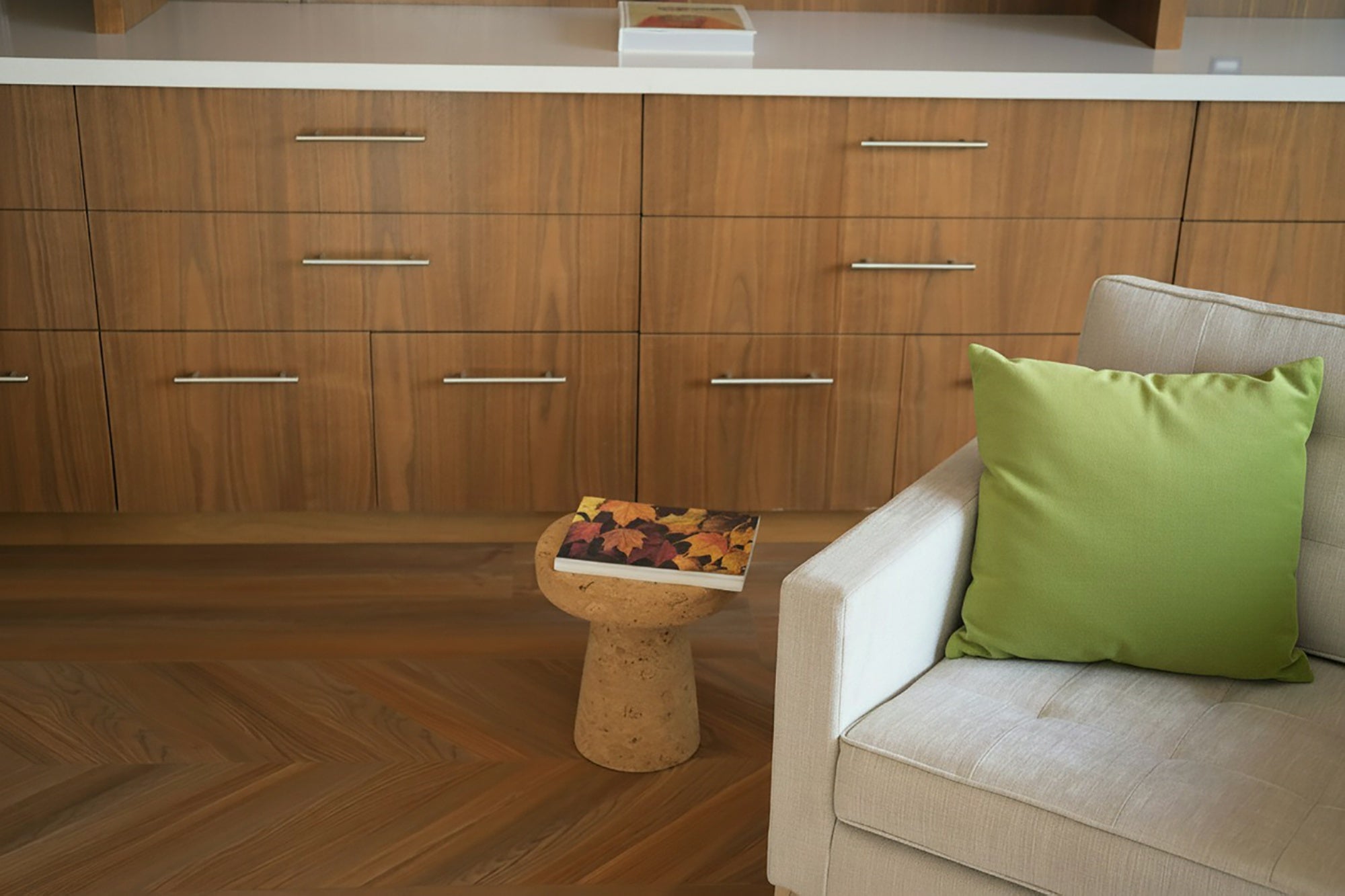 Living room with wooden cabinets, a small table, and a beige sofa with a green pillow.