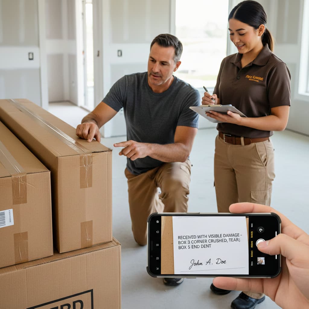 People in a room inspecting and documenting damages of a shipment of flooring 