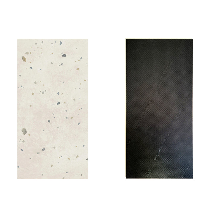 Perfect Parfait terrazzo tile with front and back view of pad on a white background.