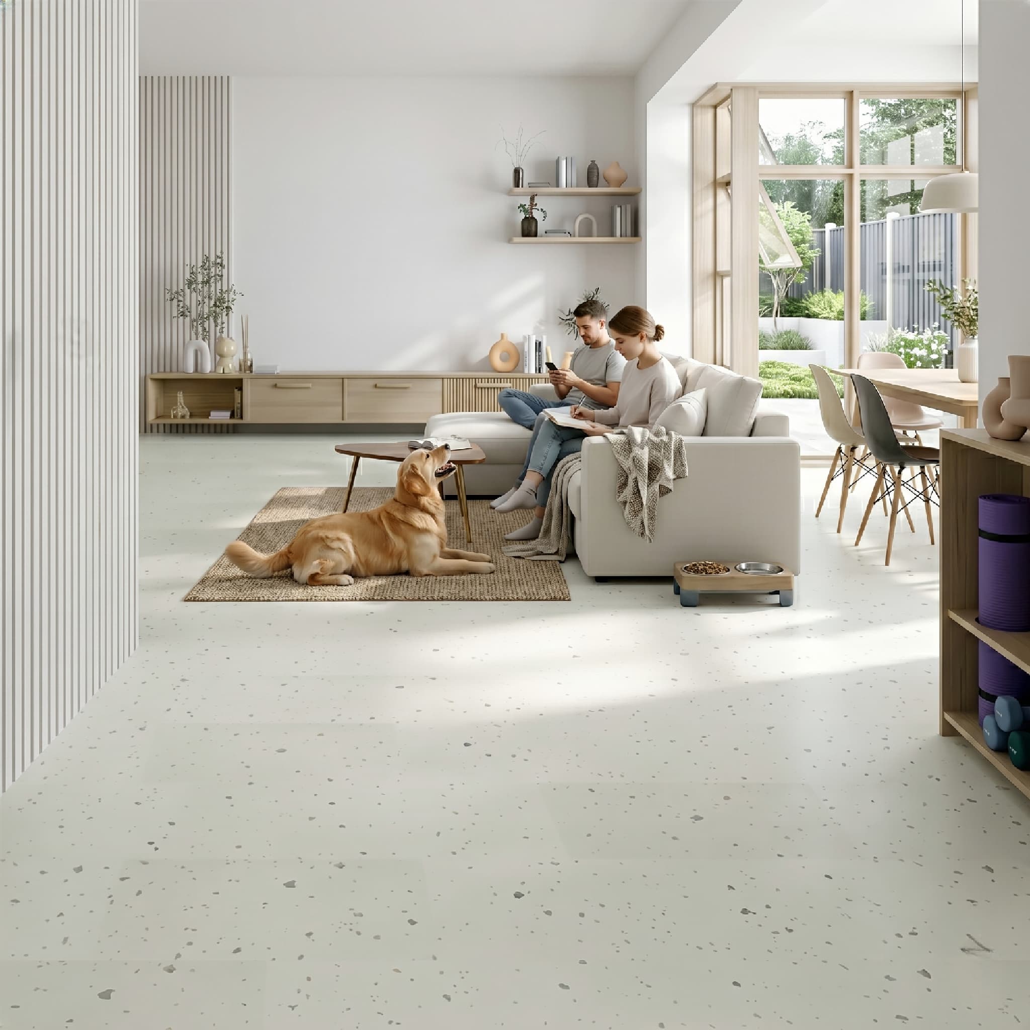 Living room with two people sitting on a couch and a dog lying on the floor.