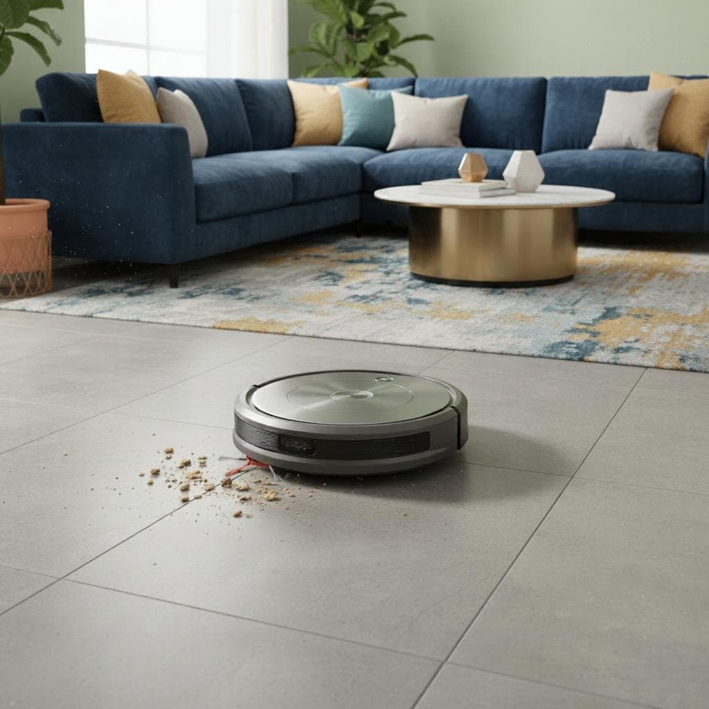 Robotic vacuum cleaner cleaning a tiled floor in a living room with a blue sofa and coffee table.