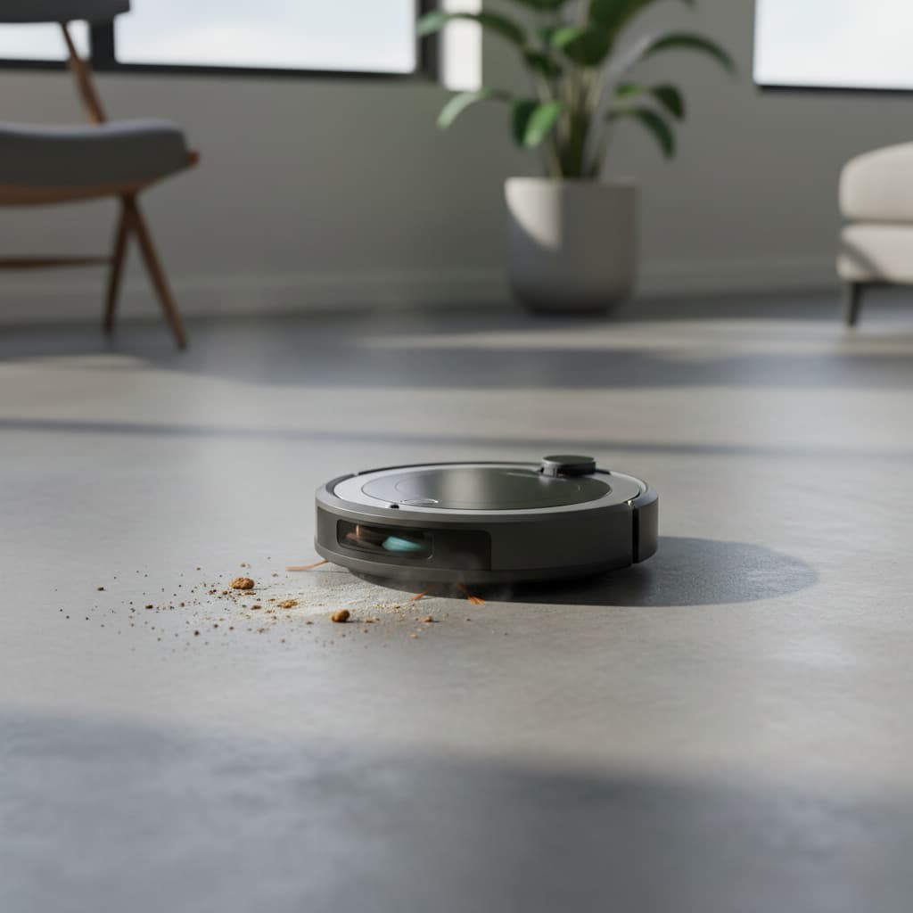 Robotic vacuum cleaner cleaning a modern concrete floor.