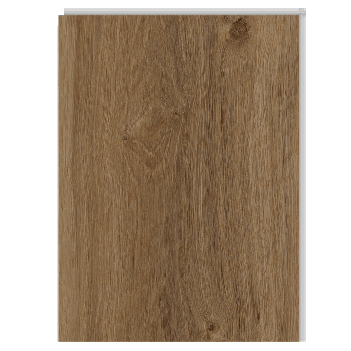 Contemporary Oak Mocha LVP flooring sample on white background