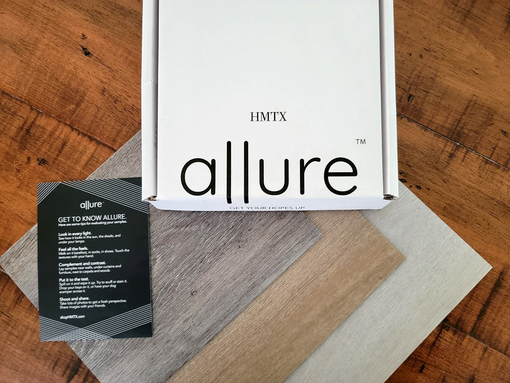 Allure Vinyl flooring samples with white box and insert