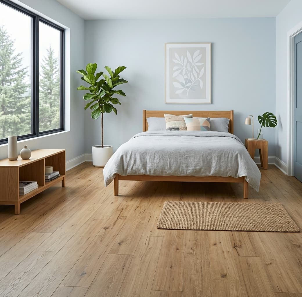 Modern bedroom with wooden bed, light blue walls, and decorative plants.