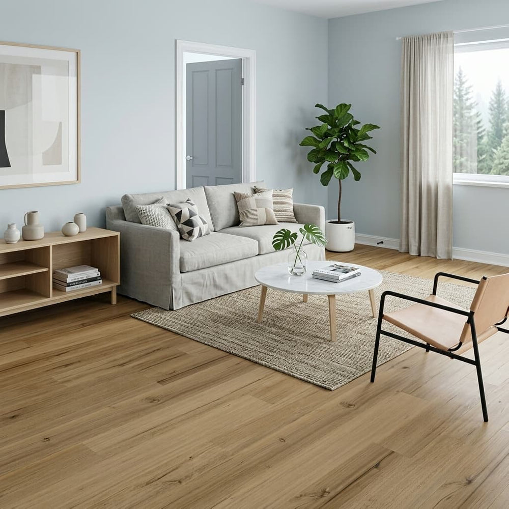 Modern living room with gray sofa, wooden coffee table, and decorative items.